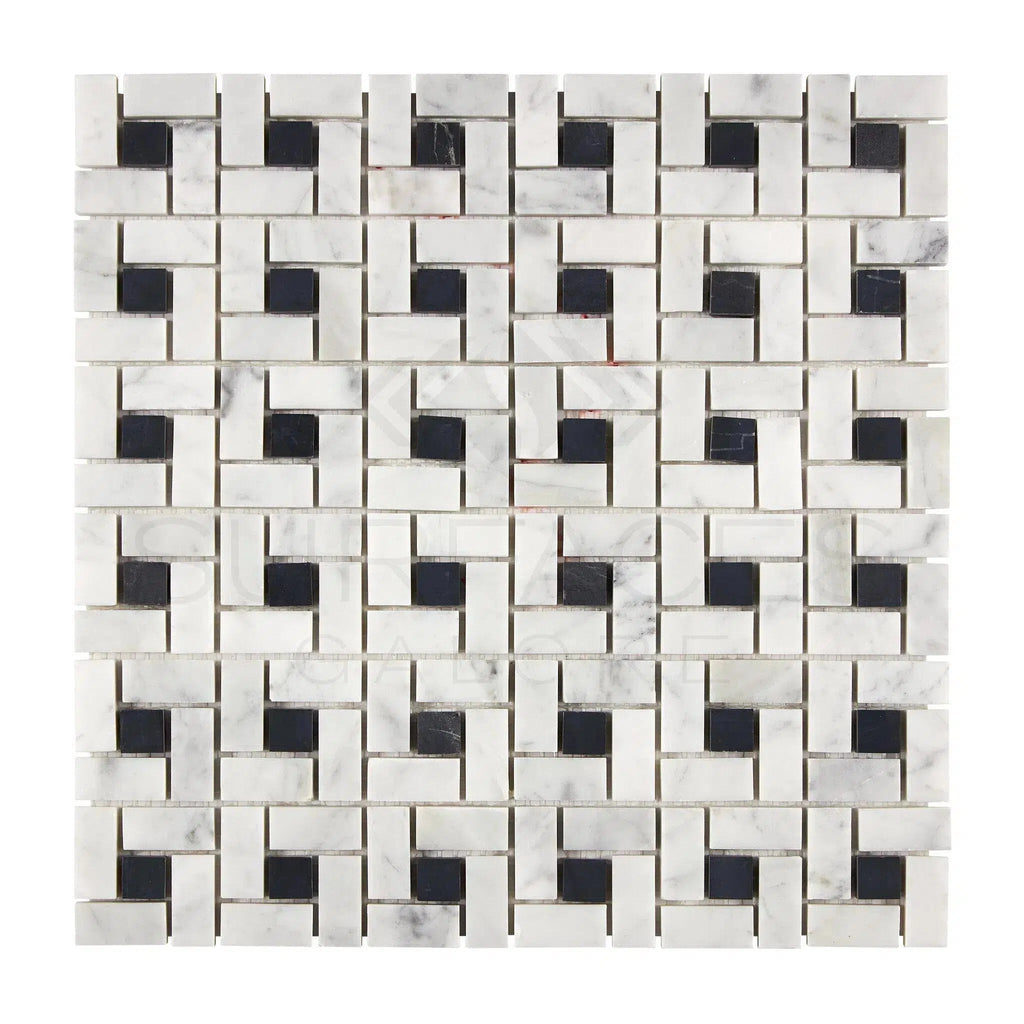 Carrara White Pinwheel Mosaic (w/Black) Mosaic Marble Tile Polished-Honed