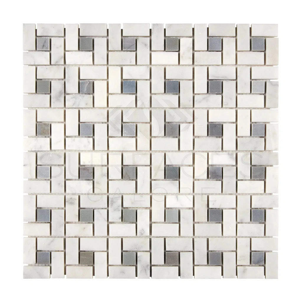 Carrara White Pinwheel Mosaic (w/Blue-Gray) Mosaic Marble Tile Polished-Honed