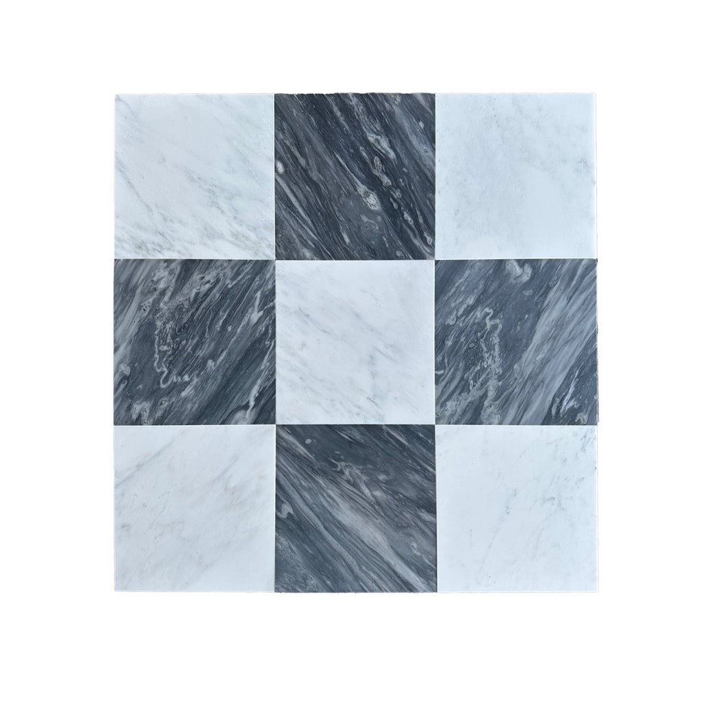 Checkerboard Bardiglio Marble and Oriental White Marble 12X12 Tumbled Set