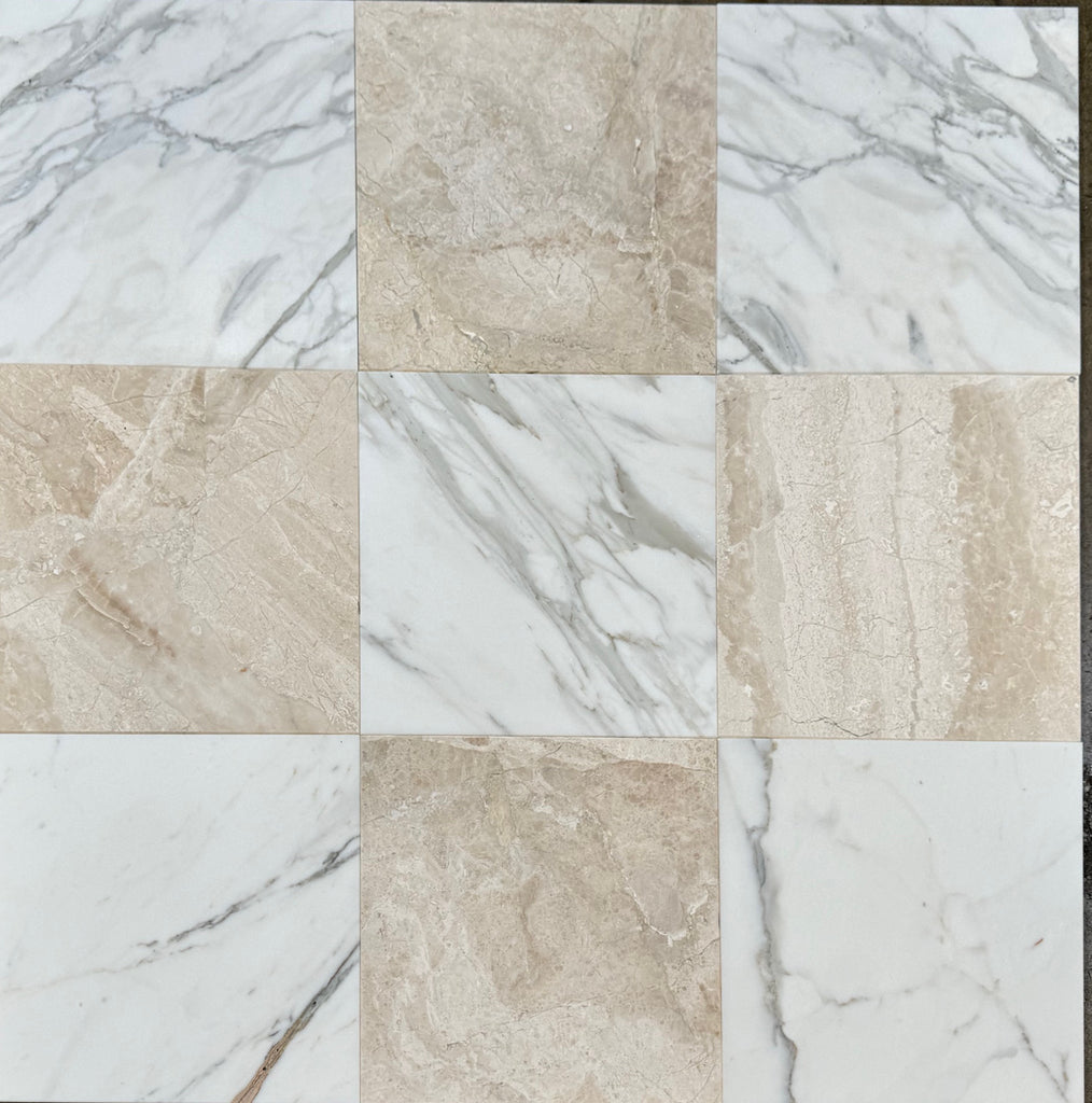 Checkerboard Calacatta Gold Marble and Diano Royal Marble 12X12 Set