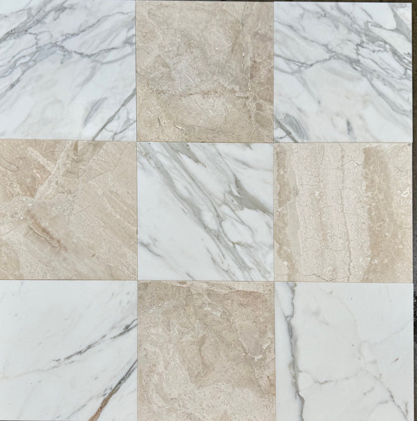 Checkerboard Calacatta Gold Marble and Diano Royal Marble 18X18 Set