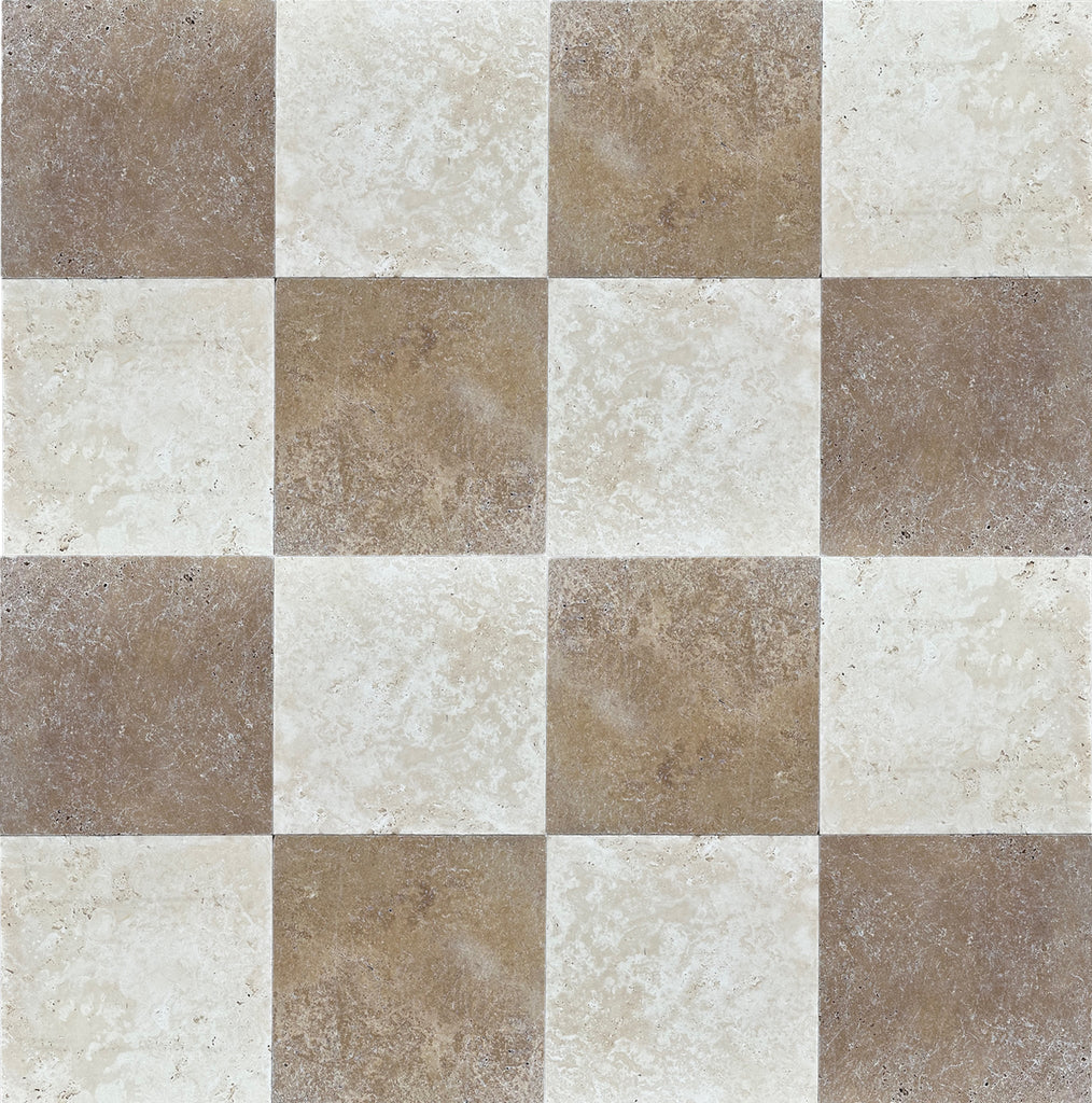 Checkerboard Emperador Dark Mable and Crema Marfil Tumbled 6X6 Set