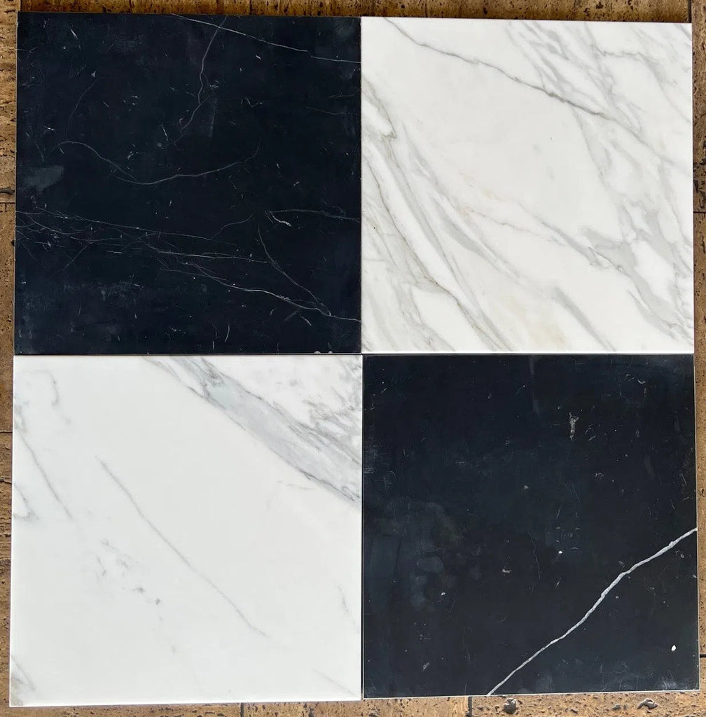 Checkerboard Emperador Dark Mable and Crema Marfil Tumbled 6X6 Set