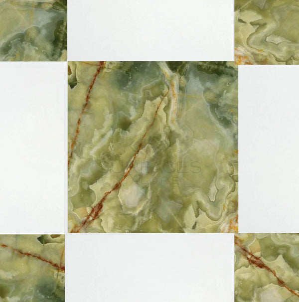 Checkerboard Green Oynx Marble and Thassos Marble 12X12 Set