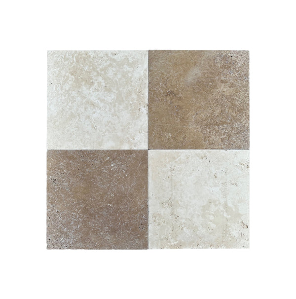 Checkerboard Ivory (Light) Travertine and Noce (Brown) Travertine Tumbled 12X12 Set