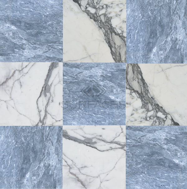 A luxurious display of blue and white veined tiles arranged in a 3x3 grid demonstrates the exquisite craftsmanship of the 'Checkerboard Marble - Travertine Tile Bardiglio Imperiale and Arabescato Marble 12X12 Set' by SurfacesGalore.