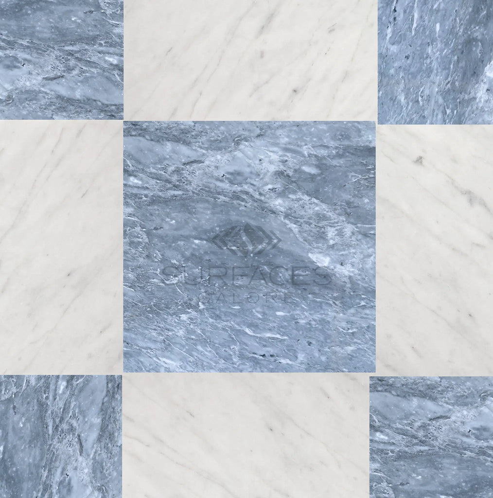 The Checkerboard Marble - Travertine Tile Bardiglio Imperiale and Bianco Carrara Marble 12X12 Set features a pattern of light and dark grey natural stone with subtle veining. Luxury Design by SurfacesGalore logo in the center.