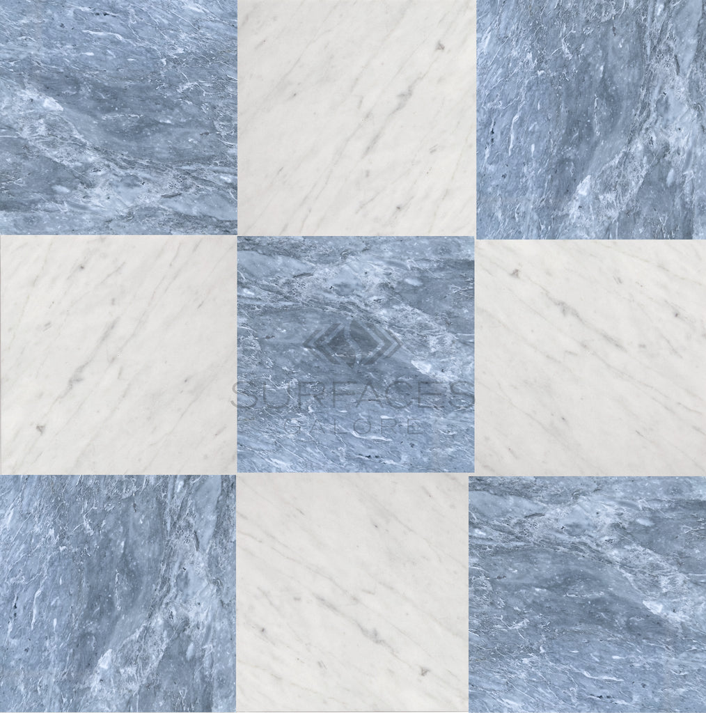 A luxury design featuring SurfacesGalore's Checkerboard Marble - Travertine Tile Bardiglio Imperiale and Bianco Carrara Marble 12X12 Set, showcasing a stunning checkerboard pattern of blue and white natural stone tiles.