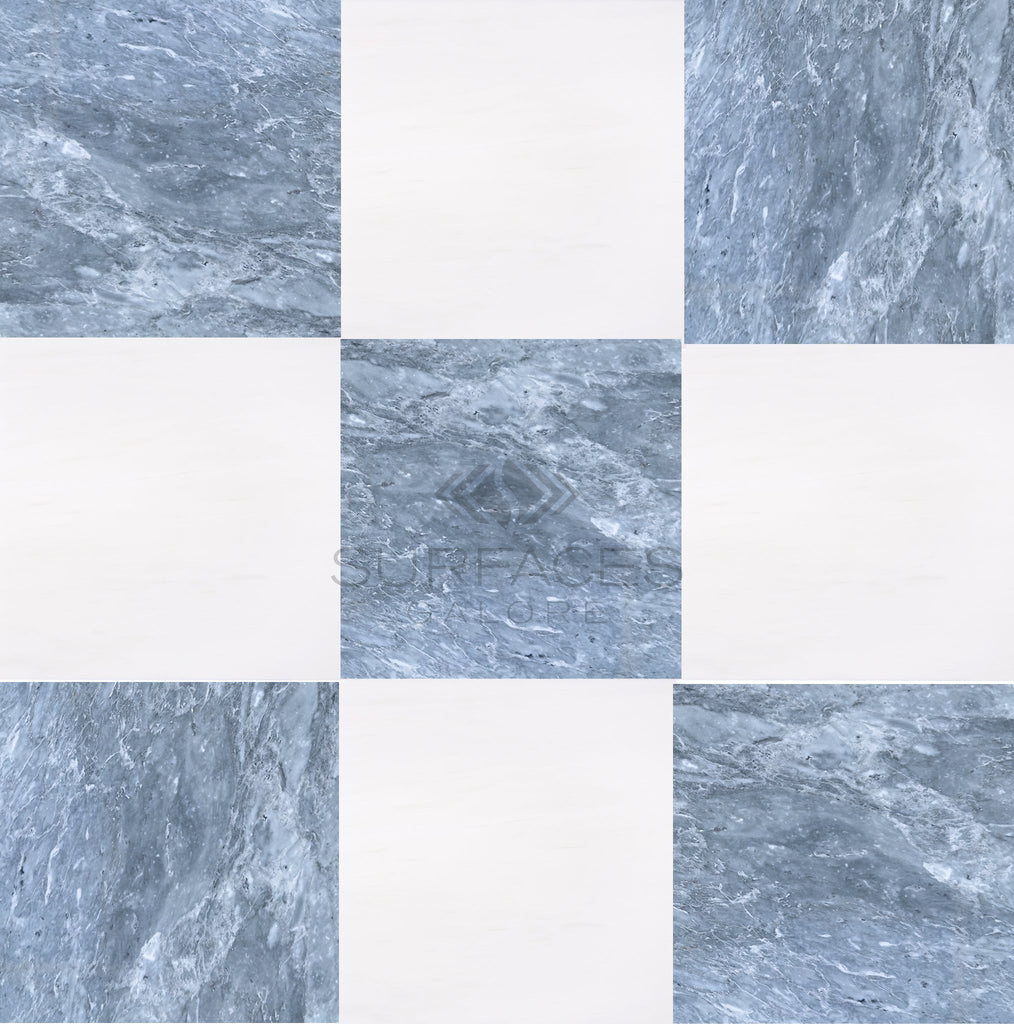 The design versatility of natural stone is showcased by a checkerboard pattern with alternating Bardiglio Imperiale and Bianco Dolomite tiles, featuring a central logo that reads "SurfacesGalore.