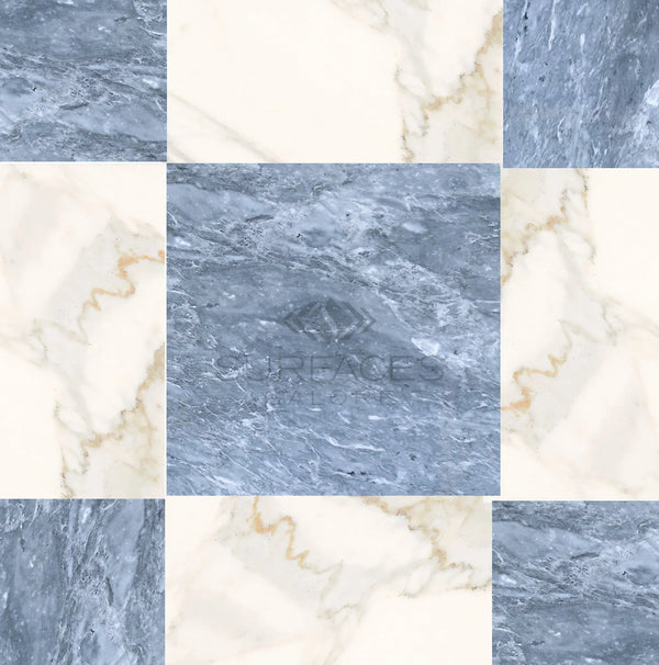 A luxurious checkerboard marble tile pattern of Bardiglio Imperiale and Calacatta Gold, featuring meticulously crafted natural stone, with text in the center that reads "SurfacesGalore CHECKERBOARD MARBLE.