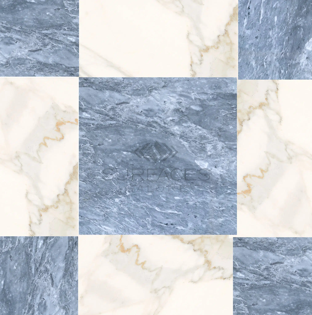 Alternating tiles of Bardiglio Imperiale and Calacatta Gold marble, featuring a centered logo of "SurfacesGalore" with a diamond icon, create a classic checkerboard pattern with the Checkerboard Marble - Travertine Tile 18X18 Set.