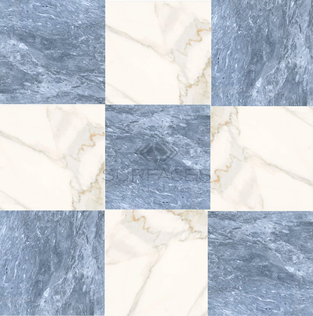 SurfacesGalore's Checkerboard Marble - Travertine Tile Bardiglio Imperiale and Calacatta Gold Marble 18X18 Set features blue and white natural stone tiles arranged in a classic checkerboard pattern, with alternating light and dark shades.