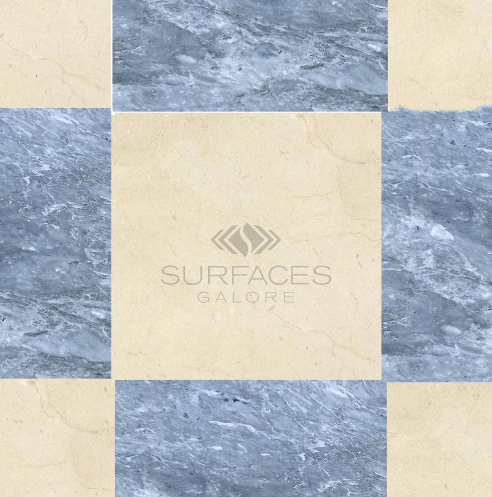 A Checkerboard Marble Tile pattern featuring alternating Travertine Tile Bardiglio Imperiale and Crema Marfil 12X12 tiles; "SurfacesGalore" text in the center. Luxury craftsmanship at its finest.