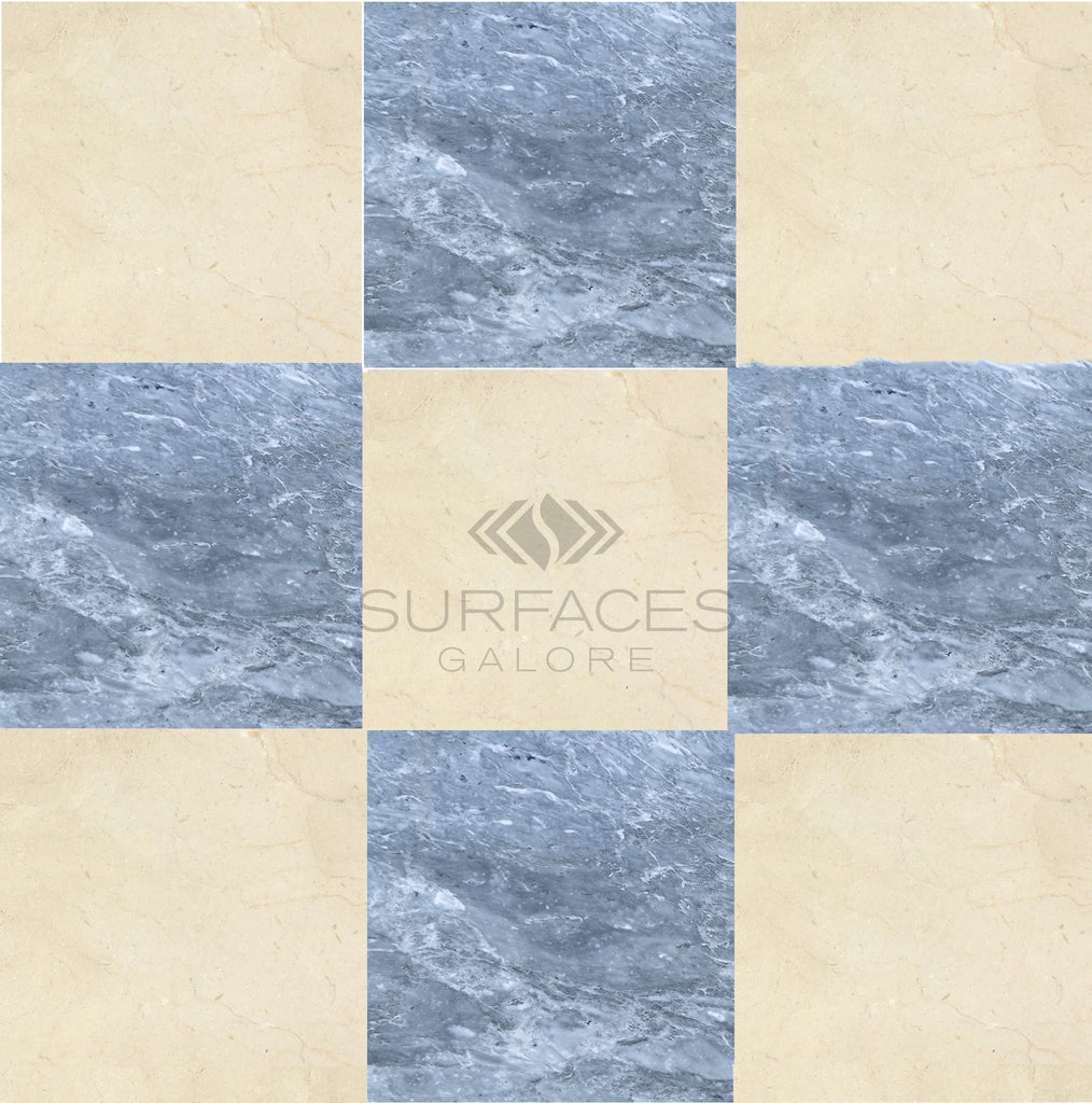 The Checkerboard Marble - Travertine Tile Bardiglio Imperiale and Crema Marfil 12X12 Set by SurfacesGalore features a checkered pattern of beige and blue marble tiles, with the "SurfacesGalore" logo at the center, showcasing luxury craftsmanship.