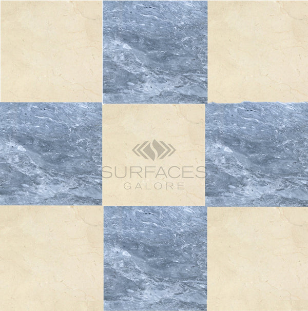 The Checkerboard Marble - Travertine Tile Bardiglio Imperiale and Crema Marfil 12X12 Set by SurfacesGalore features a checkered pattern of beige and blue marble tiles, with the "SurfacesGalore" logo at the center, showcasing luxury craftsmanship.