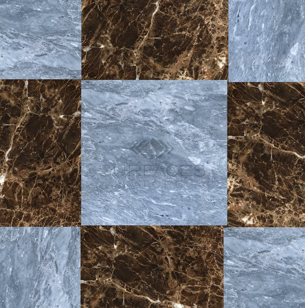 The "Checkerboard Marble - Travertine Tile Bardiglio Imperiale and Emperador Dark 12X12 Set" by SurfacesGalore showcases luxury craftsmanship and design versatility with its pattern of blue-gray and brown marbled squares.