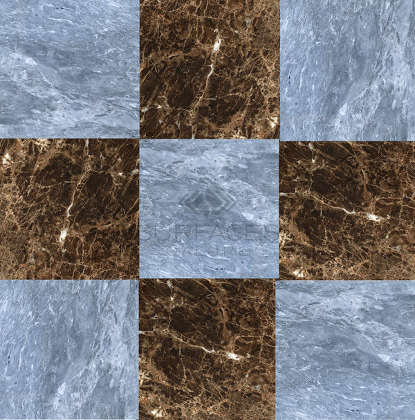 Experience the design versatility of the Checkerboard Marble - Travertine Tile Bardiglio Imperiale and Emperador Dark 12X12 Set by SurfacesGalore, featuring alternating blue-gray and dark brown marble squares that showcase impeccable luxury craftsmanship.