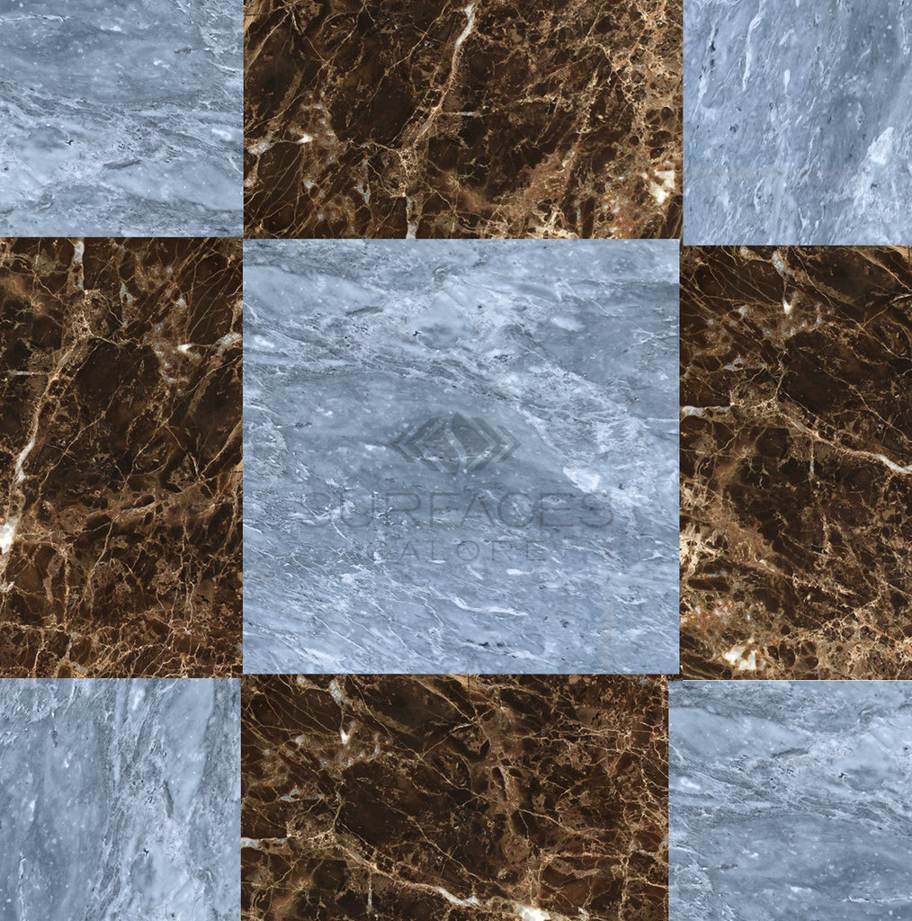 Experience luxury with the SurfacesGalore Checkerboard Marble - Travertine Tile Bardiglio Imperiale and Emperador Dark 18X18 set, featuring a stunning checkerboard design with dark brown and light gray natural stone marble tiles.