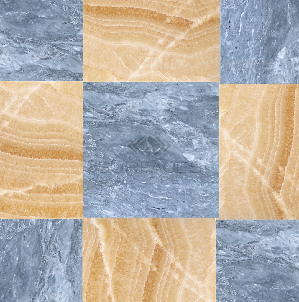 A luxurious design featuring a checkerboard pattern of Bardiglio Imperiale marble and Honey Onyx stone tiles from the "Checkerboard Marble - Travertine Tile Bardiglio Imperiale and Honey Onyx 12X12 Set" by SurfacesGalore, highlighted with the "Surfaces" logo in the center.