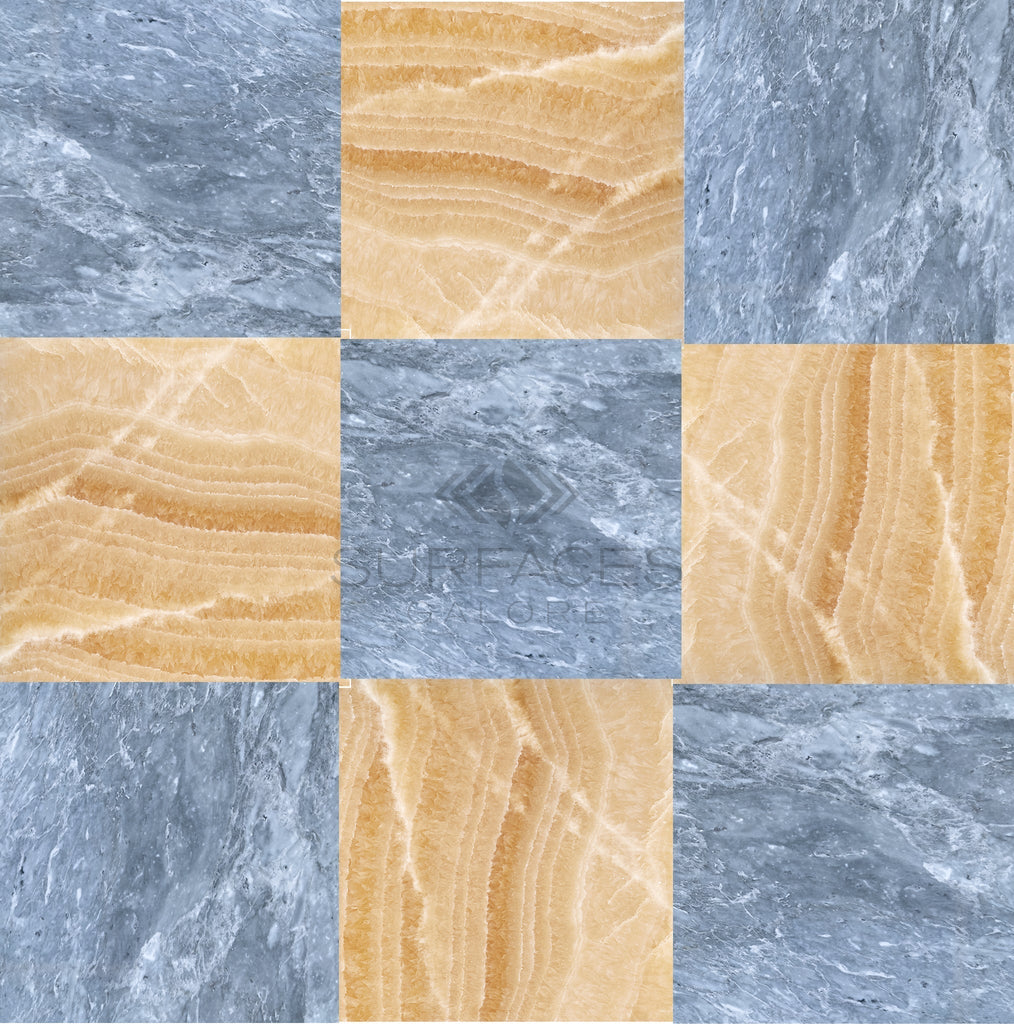 The Checkerboard Marble - Travertine Tile Bardiglio Imperiale and Honey Onyx 12X12 Set by SurfacesGalore features a luxurious pattern with alternating square tiles of exquisite blue-gray marble and golden-brown stone, showcasing exceptional craftsmanship.