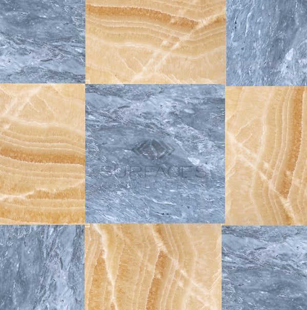 A luxurious checkered pattern of Bardiglio Imperiale and Honey Onyx travertine tiles from SurfacesGalore, crafted from natural stone, features a central logo reading "SURFACES.