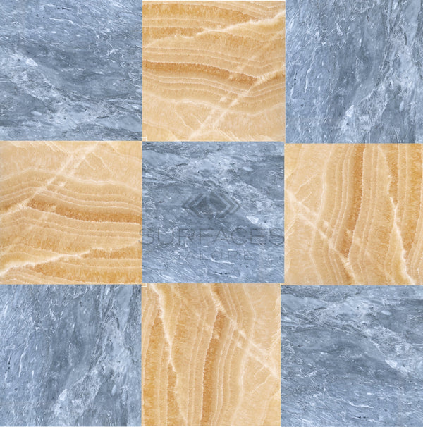 A luxury design featuring a checkerboard pattern of alternating Bardiglio Imperiale and Honey Onyx marble squares, available as the Checkerboard Marble - Travertine Tile 18X18 Set by SurfacesGalore.