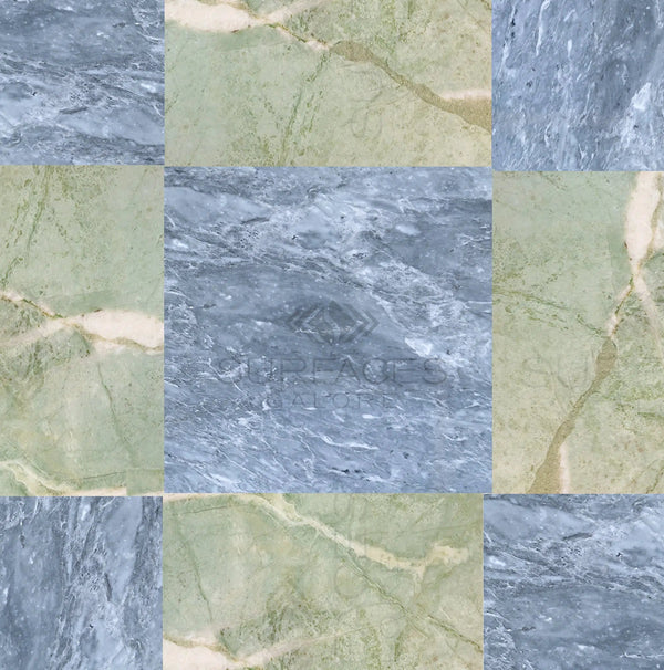 The Checkerboard Marble - Travertine Tile Bardiglio Imperiale and Ming Green 12X12 Set by SurfacesGalore showcases the luxury of natural stones with its checkerboard pattern of green and gray marble tiles featuring visible natural veining.