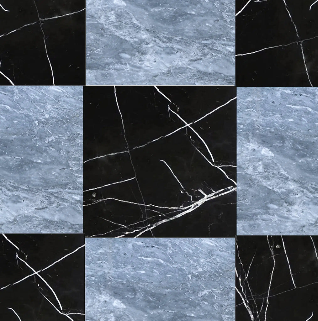 Experience luxury craftsmanship with the SurfacesGalore Checkerboard Marble - Travertine Tile Bardiglio Imperiale and Nero Marquina 12X12 Set, featuring a geometric pattern of alternating squares in black marble with white veins and blue-grey natural stone.