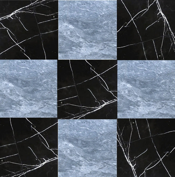 A tiled pattern of alternating Bardiglio Imperiale and Nero Marquina marble squares with white veins running through them, showcasing the design versatility of luxury natural stone from SurfacesGalore's Checkerboard Marble - Travertine Tile 18X18 Set.