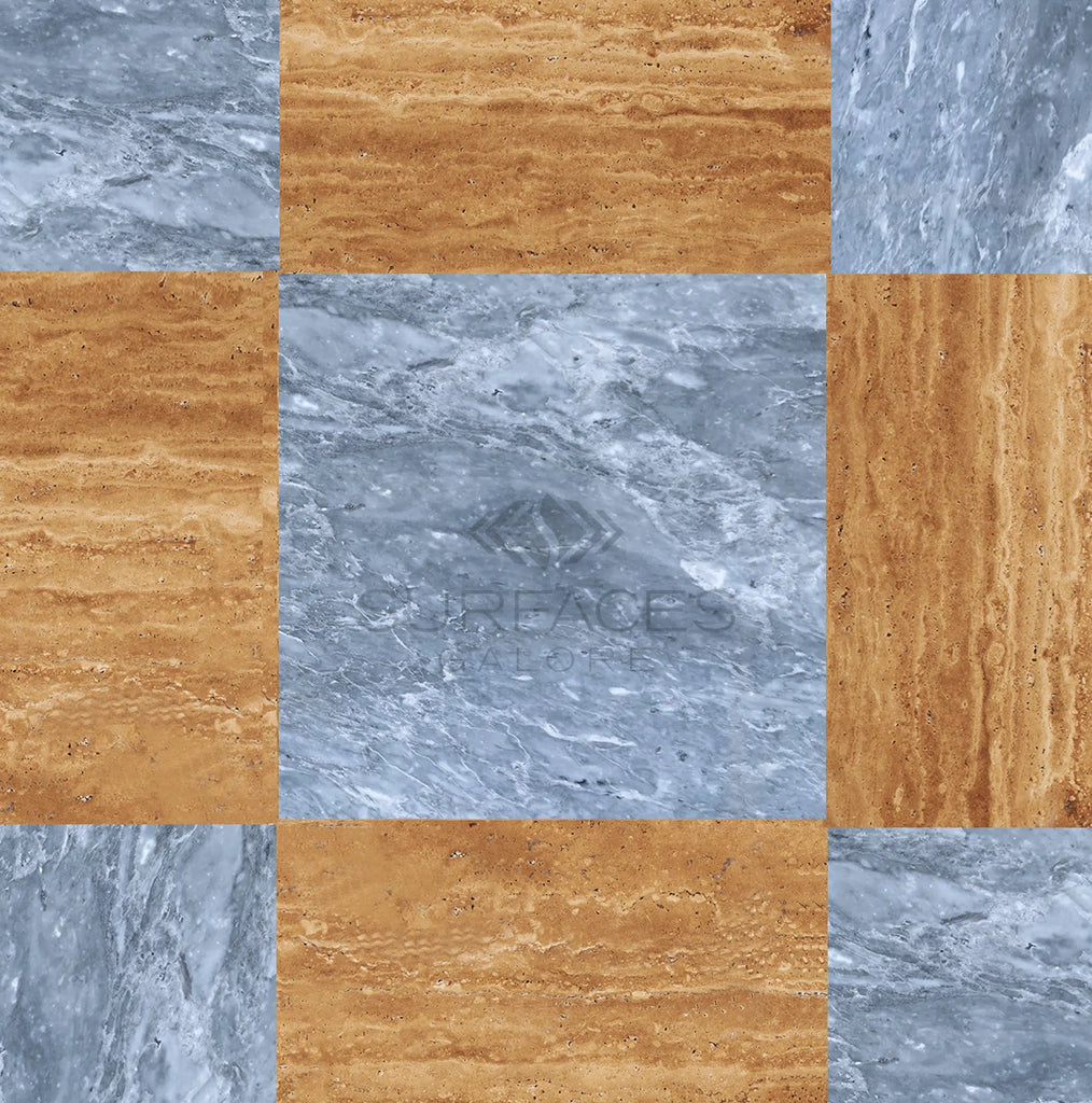 Experience design versatility with the Checkerboard Marble - Travertine Tile Bardiglio Imperiale and Noce Exotic 12X12 Set from SurfacesGalore, featuring a luxurious checkerboard pattern of light brown and gray using exquisite natural stones.