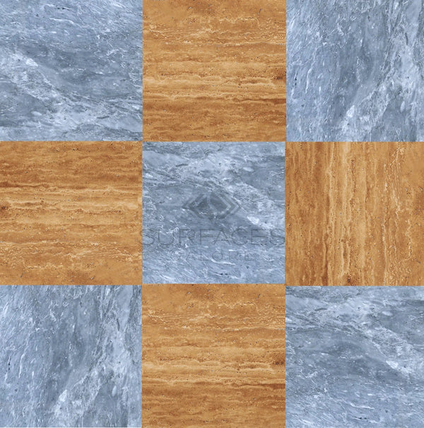 The SurfacesGalore Checkerboard Marble - Travertine Tile Bardiglio Imperiale and Noce Exotic 18X18 Set features a luxurious pattern of alternating blue-gray marble and brownish-gold stone squares, showcasing the beauty of natural stones and expert craftsmanship.