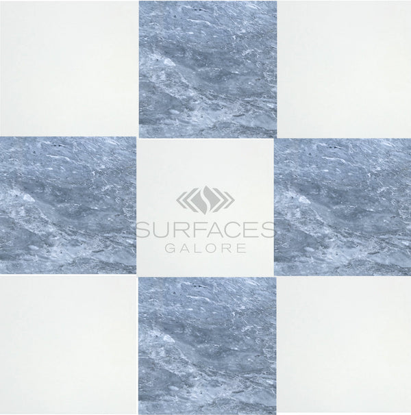 A set of Checkerboard Marble Travertine Tile Bardiglio Imperiale and Thassos 12X12 from SurfacesGalore features a stunning pattern of alternating white and gray marbled tiles, highlighting luxurious color combinations with "SurfacesGalore" at the center.