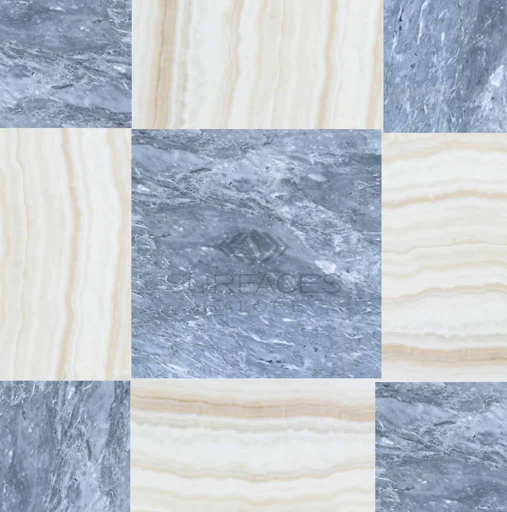 The Checkerboard Marble - Travertine Tile Bardiglio Imperiale and White Onyx (Vein Cut) 12X12 Set from SurfacesGalore features a striking checkerboard pattern with alternating blue-gray Bardiglio Imperiale and beige White Onyx tiles, showcasing natural veining for added design versatility.