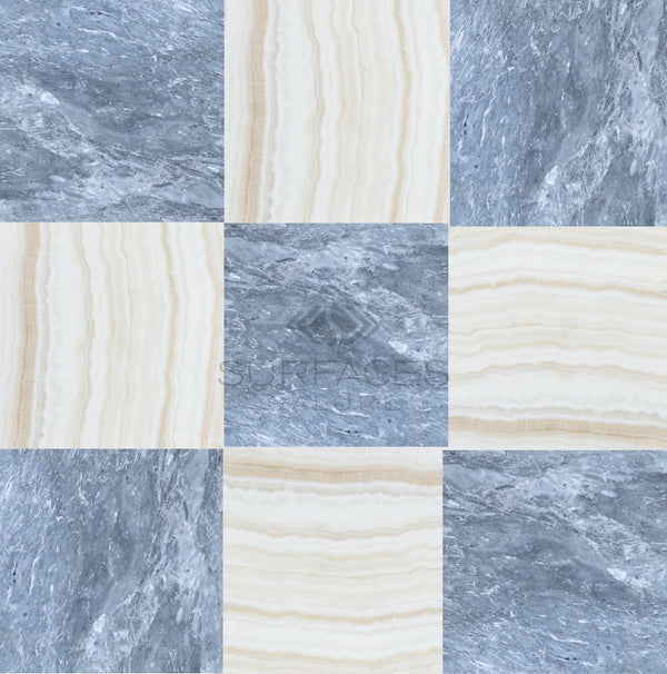 The Checkerboard Marble - Travertine Tile Bardiglio Imperiale and White Onyx (Vein Cut) 12X12 Set by SurfacesGalore features a checkered pattern of gray and beige tiles with a subtle logo in the center, showcasing design versatility and luxury natural stones.