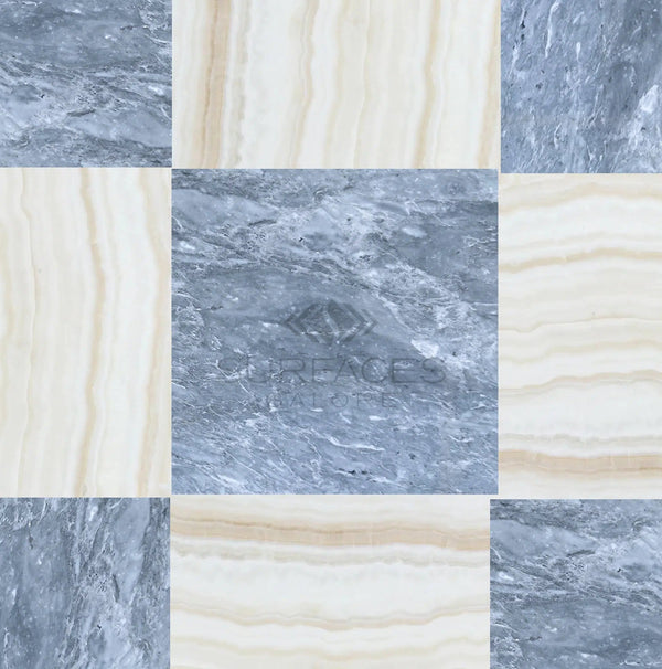 A luxurious checkerboard pattern created using the Checkerboard Marble - Travertine Tile Bardiglio Imperiale and White Onyx (Vein Cut) 18X18 Set from SurfacesGalore, featuring "SURFACES" and a logo in the center.