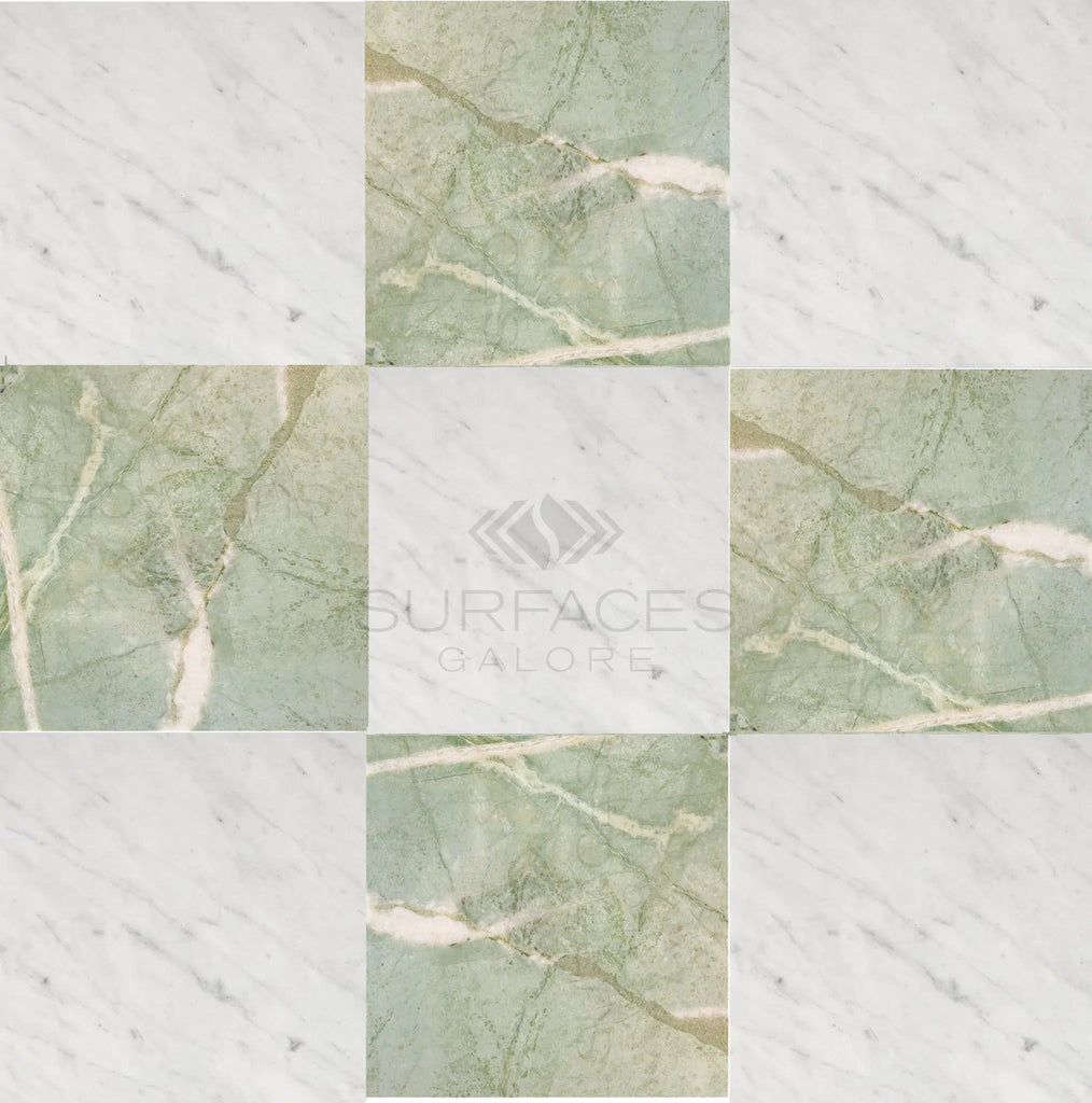 Checkerboard Marble - Travertine Tile Bianco Carrara White Marble and Ming Green Marble 12X12 Set