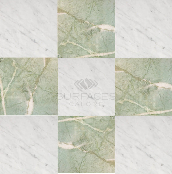 A luxurious checkerboard marble tile pattern in Bianco Carrara white and Ming green, with "SurfacesGalore" elegantly displayed at the center.