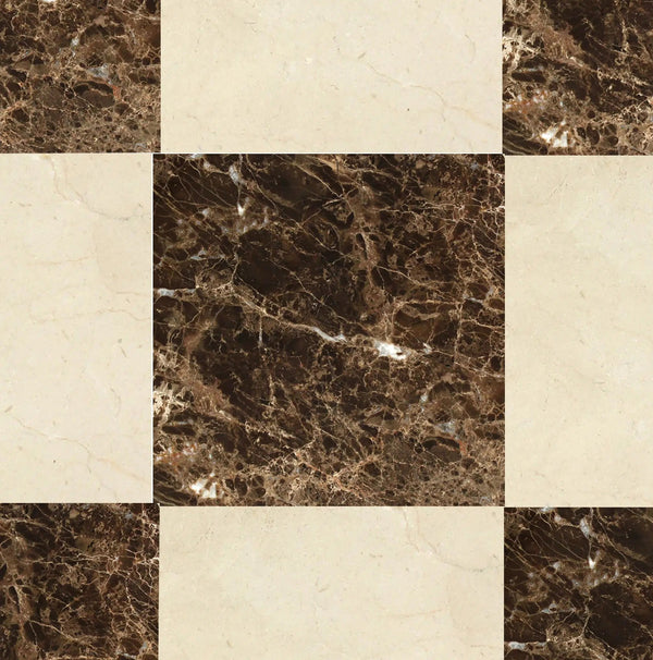 Checkerboard pattern featuring SurfacesGalore's Checkerboard Marble - Travertine Tile set, composed of Emperador Dark Marble and Crema Marfil Marble in 12x12 tiles, presenting a luxurious color combination.