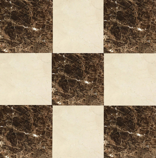 The Checkerboard Marble - Travertine Tile Emperador Dark Marble and Crema Marfil Marble 12X12 Set by SurfacesGalore features alternating dark brown and light beige squares, creating a luxurious color combination with the timeless elegance of natural stone.