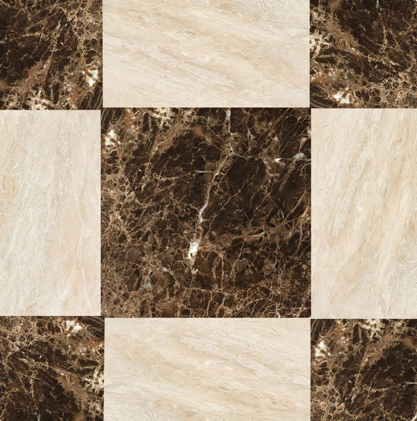 The "Checkerboard Marble - Travertine Tile Emperador Dark Marble and Diano Royal Marble 12X12 Set" from SurfacesGalore showcases a luxurious checkered marble pattern with alternating beige and dark brown tiles, offering the timeless elegance and design versatility of natural stone.