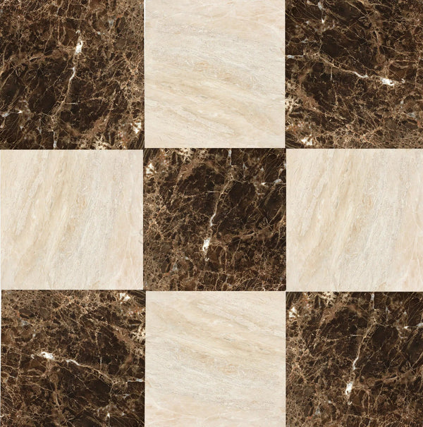 Experience the luxury craftsmanship of natural stone with SurfacesGalore's Checkerboard Marble - Travertine Tile, featuring Emperador Dark Marble and Diano Royal Marble in a mesmerizing 12x12 checkerboard pattern.