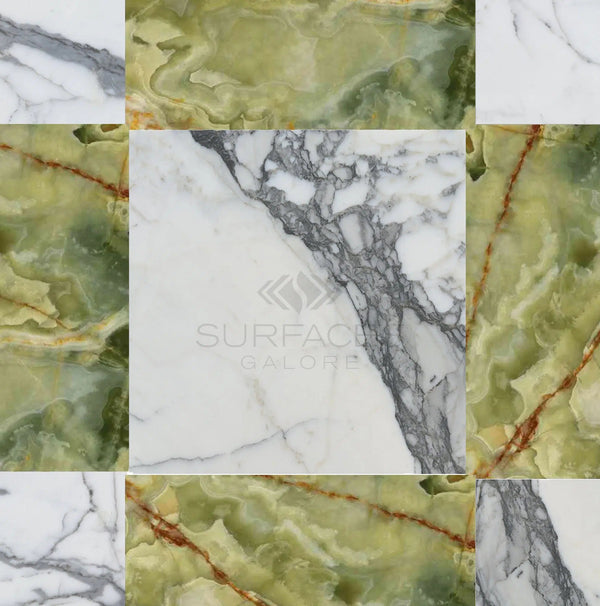 A luxury design is exuded by the symmetrical pattern of the Checkerboard Marble - Travertine Tile 12x12 set, which combines white, green, and gray hues from Green Onyx Marble and Arabescato Marble, and features "SurfacesGalore" in the center.