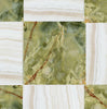 The "Checkerboard Marble - Travertine Tile: Green Onyx Marble and White Onyx (Vein-Cut) Marble 12X12 Set" by SurfacesGalore epitomizes luxury design with its exquisite pattern featuring green and white onyx stones adorned with brown veining, showcasing natural textures and color variations.