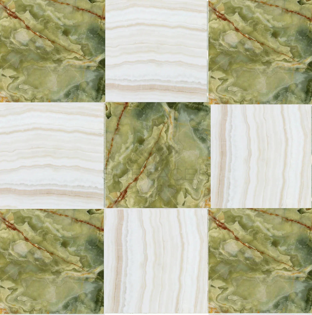 The Checkerboard Marble - Travertine Tile 12x12 Set by SurfacesGalore features a luxurious grid pattern combining Green Onyx and White Onyx (vein-cut) marble textures, epitomizing high-end design.