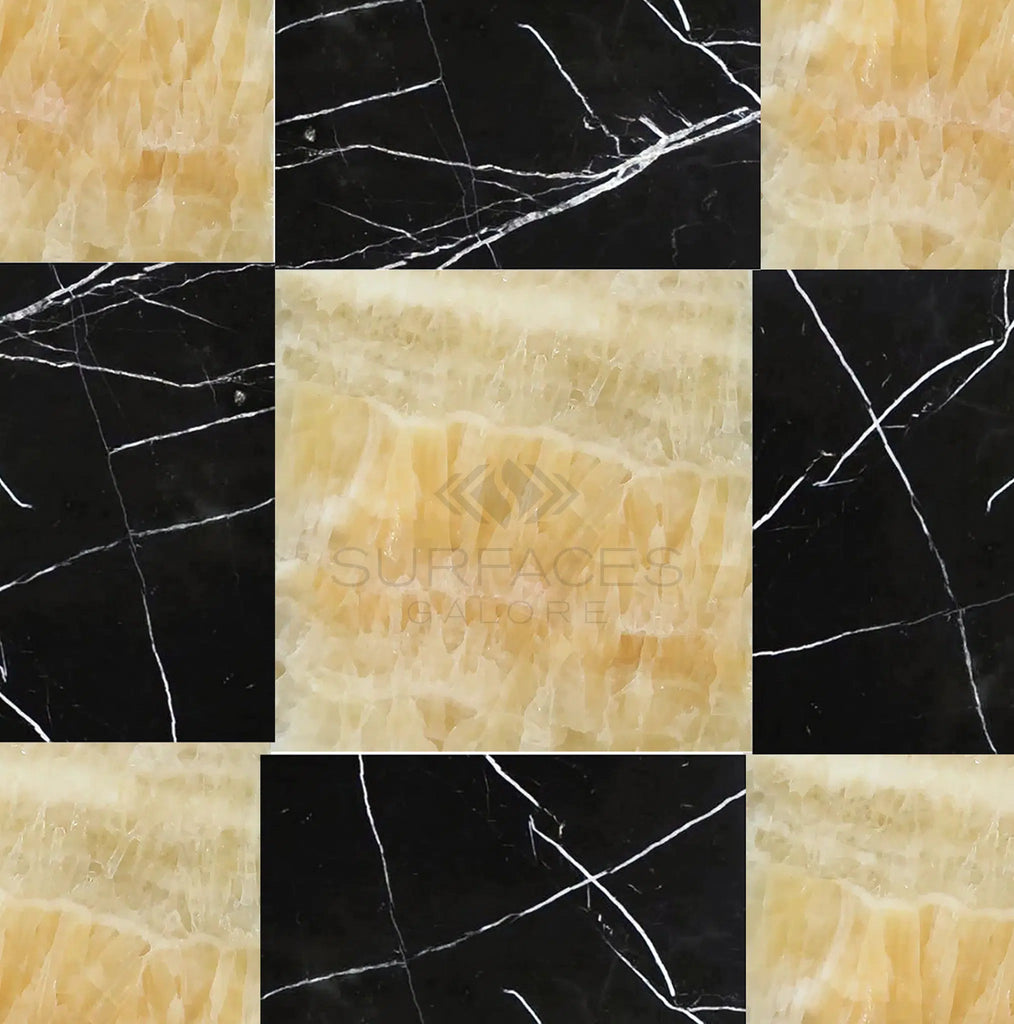 The Checkerboard Marble - Travertine Tile Honey Onyx Marble and Nero Marquina Marble 12X12 Set from SurfacesGalore features black and yellow tiles with white veining, creating a striking luxury design with natural stone.