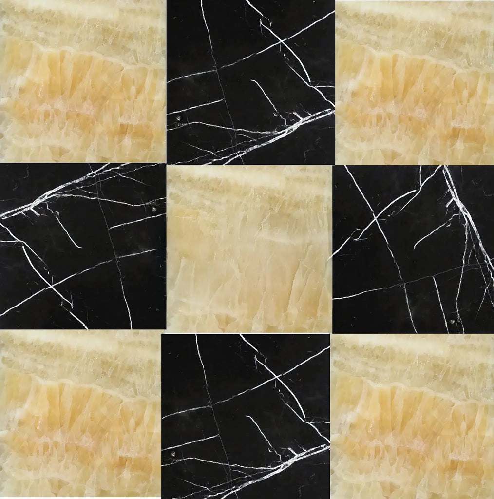 Checkerboard Marble - Travertine Tile Honey Oynx Marble and Nero Marquina Marble 12X12 Set