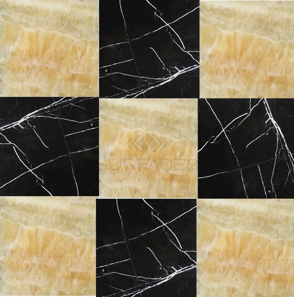 Checkerboard Marble - Travertine Tile Honey Oynx Marble and Nero Marquina Marble 18X18 Set