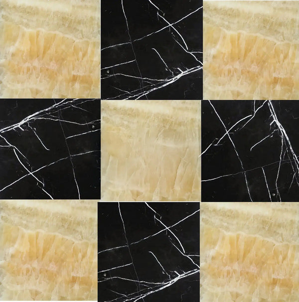 Checkerboard Marble - Travertine Tile Honey Oynx Marble and Nero Marquina Marble 18X18 Set