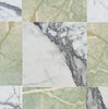 The Checkerboard Marble - Travertine Tile Ming Green Marble and Arabescato Marble 12X12 Set from SurfacesGalore creates a luxurious design with its green and white tiles featuring gray veins. Text in center: "SURFACES GALORE.