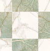 Checkerboard Marble tile set featuring a grid of Travertine Tile Ming Green Marble and Calacatta Gold Marble, with the brand name "SurfacesGalore" prominently displayed in the center.